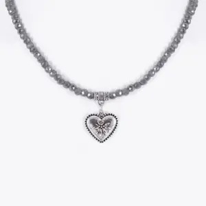Collier verschiedenfarbig mit Glasperlen und Herzanhänger 011505 ~ grau