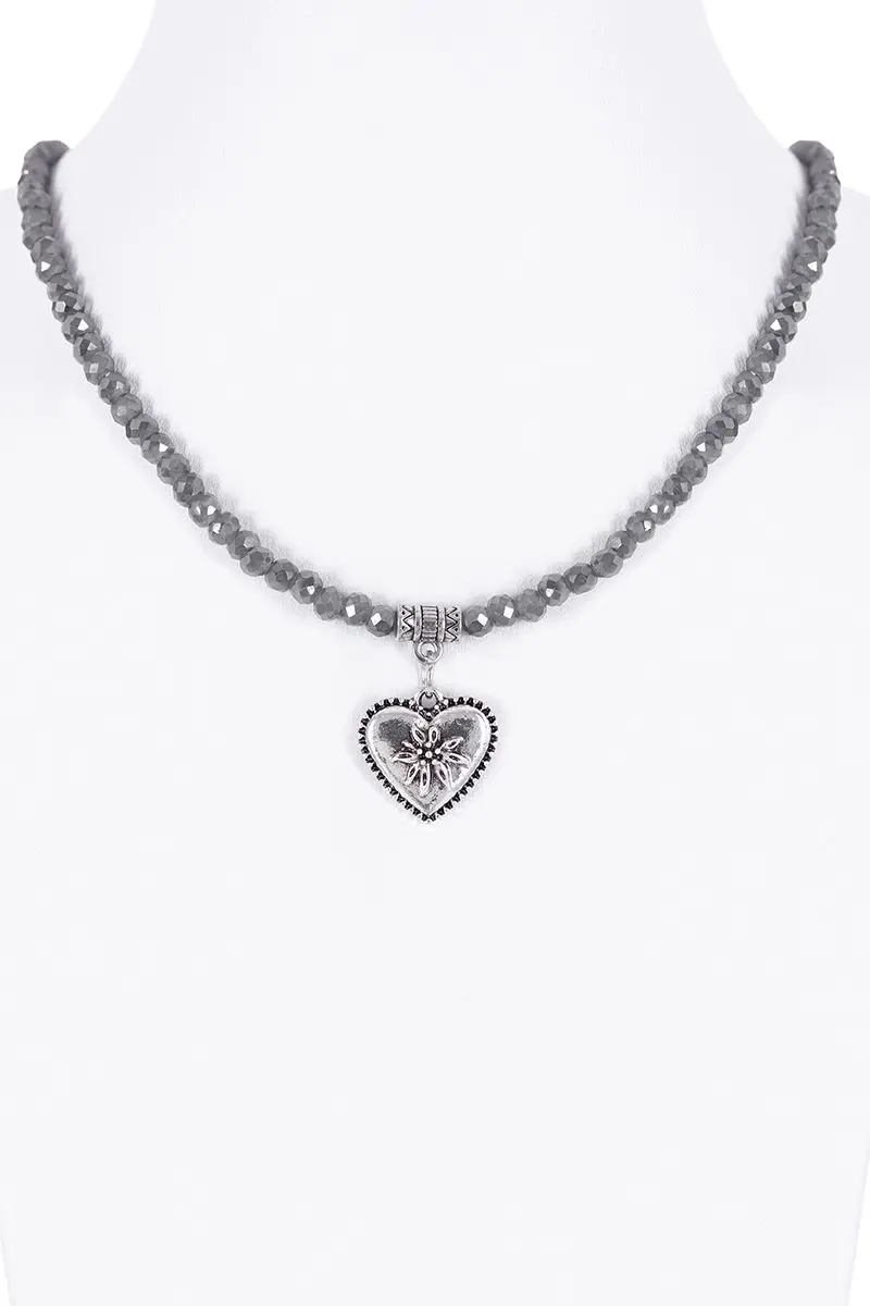 Collier verschiedenfarbig mit Glasperlen und Herzanhänger 011505 ~ grau