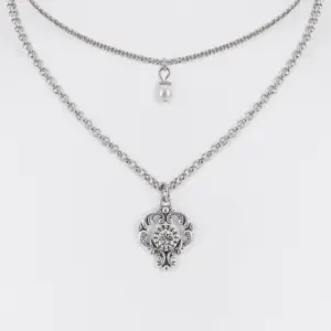 Collier zweireihig mit Perle und Ornament-Anhänger ~ silber