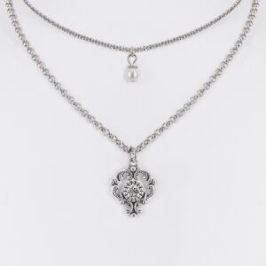 Collier zweireihig mit Perle und Ornament-Anhänger ~ silber