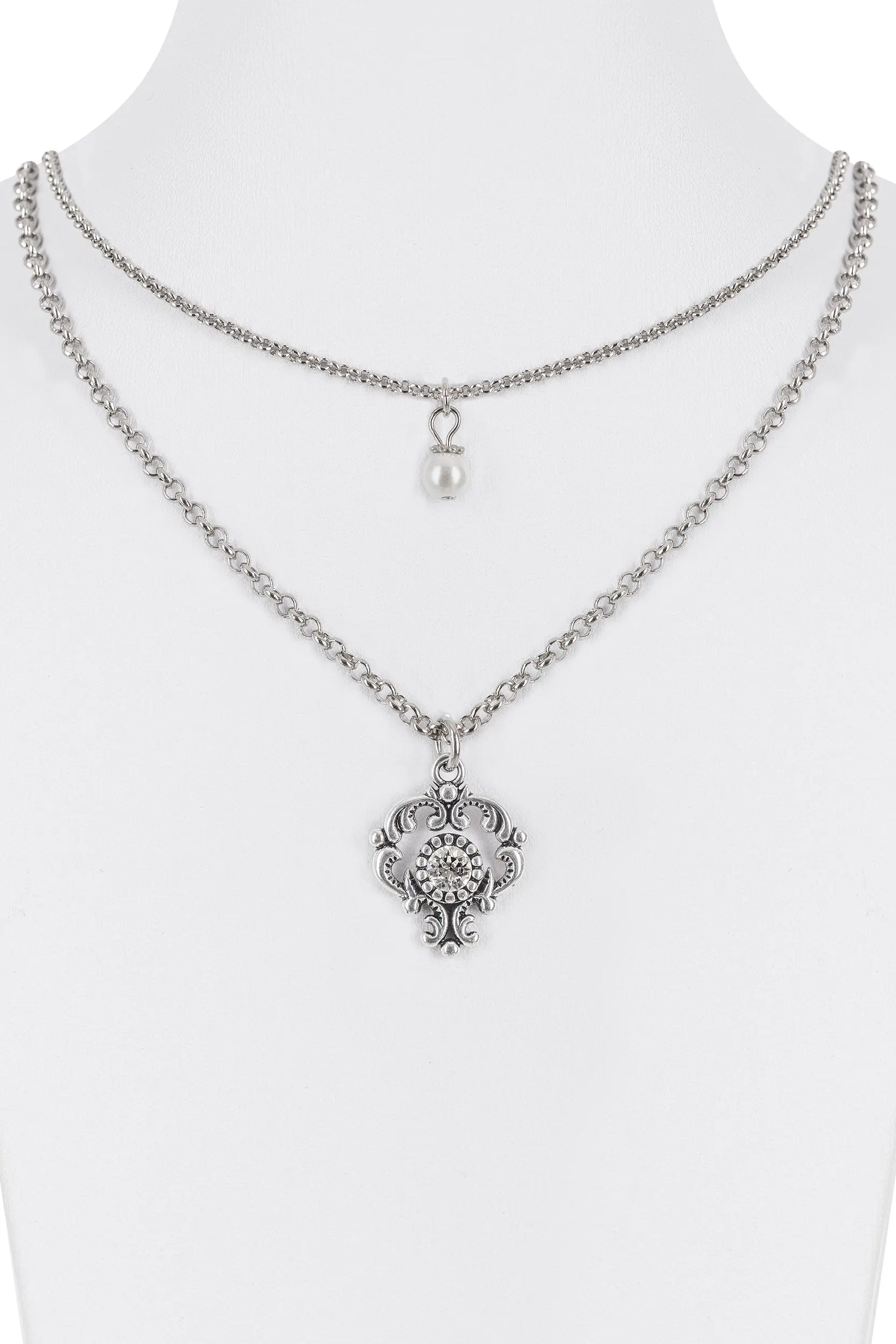 Collier zweireihig mit Perle und Ornament-Anhänger ~ silber