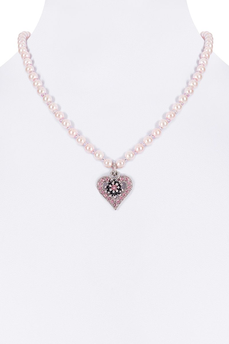 Perlencollier mit Herzanhänger und Edelweiß 000143 ~ rosa