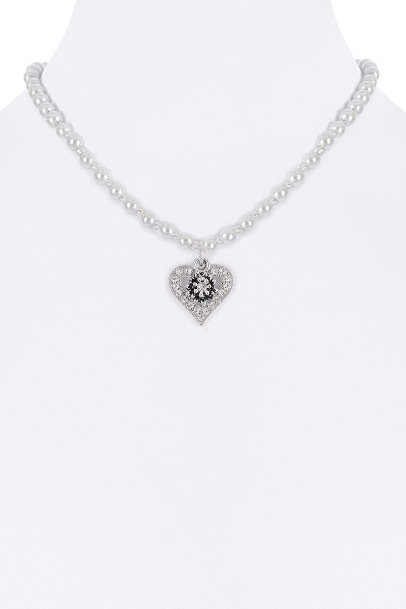 Perlencollier mit Herzanhänger und Edelweiß 000143 ~ weiß