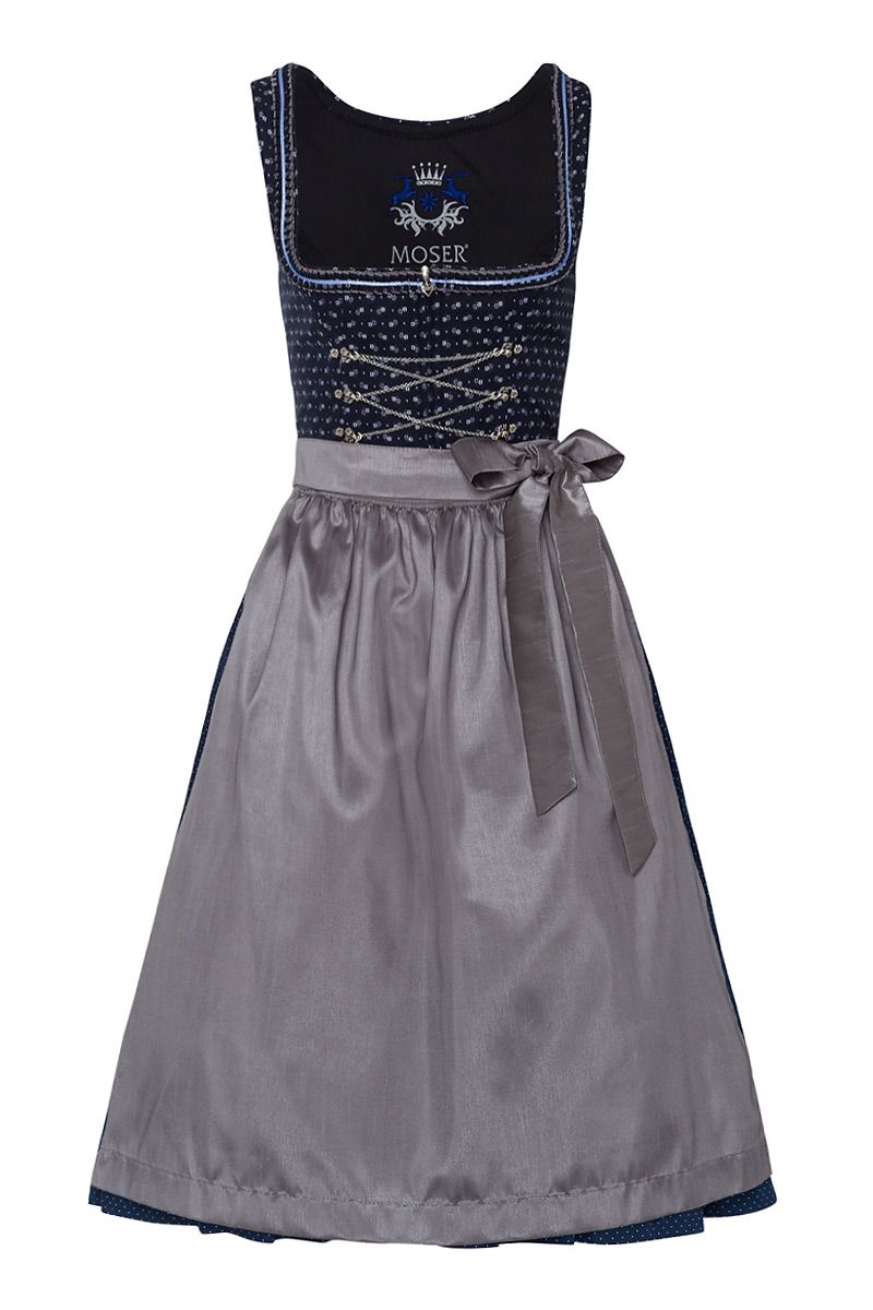 Dirndl lang 80 cm dunkelblau gemustert silber Anneliese 003667